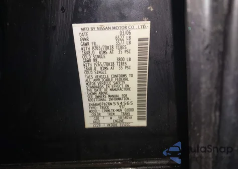 2006 Nissan Titan Se из США, поврежденный, VIN 1N6BA07B26N554565